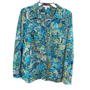 Studio Works Womens Blouse Shirt Medium Blue‎ Paisley Print Lightweight Casual